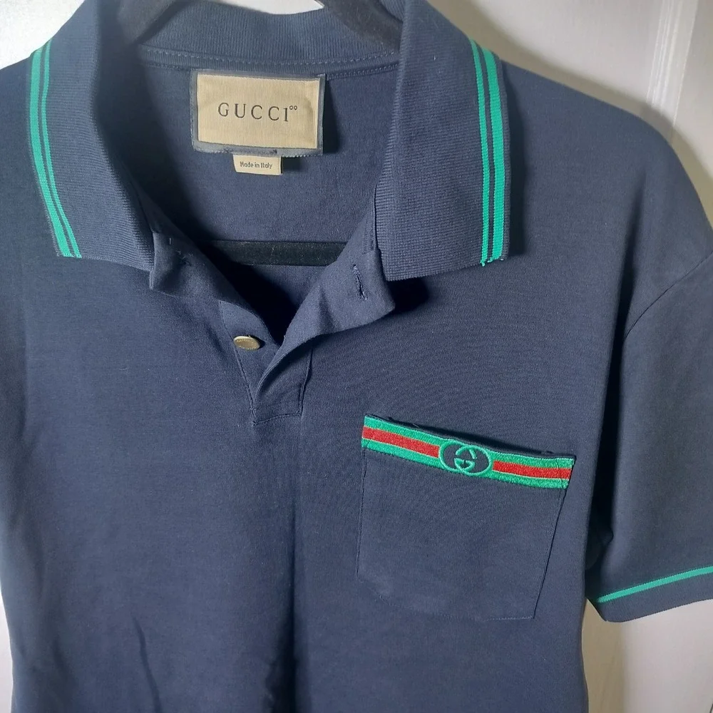 Gucci Mens Navy Blue Cotton Web Stripe Pocket Polo Shirt Large Interlocking G